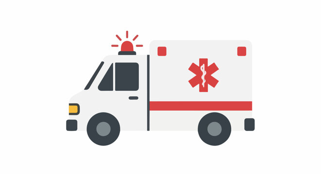 A stylized white ambulance with red accents and a star of life emblem