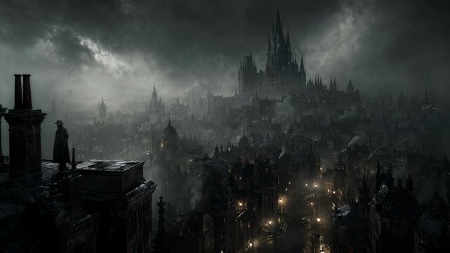 Man in long coat standing on roof overlooking dark victorian city at night. Gloomy gothic skyline with fog and ominous street lamp light for horror narration.