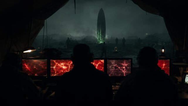 Alien spaceship arrival monitoring by military personnel in field tent. Failed diplomatic contact with extraterrestrial civilization. Sci-fi suspense mission.