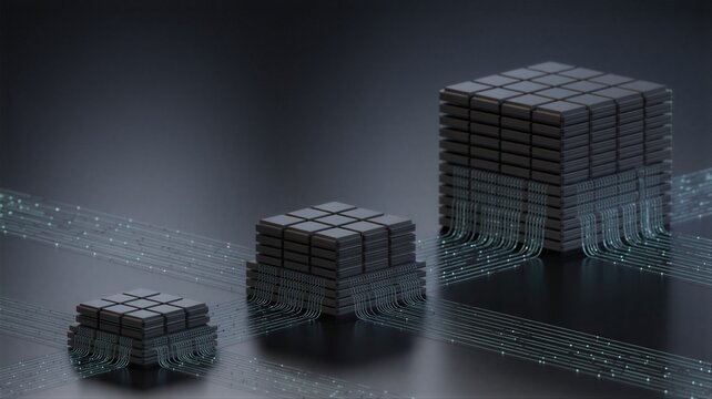 Three stacked cube structure progressing in size on reflective surface symbolizing scaling laws in model capacity and performance.