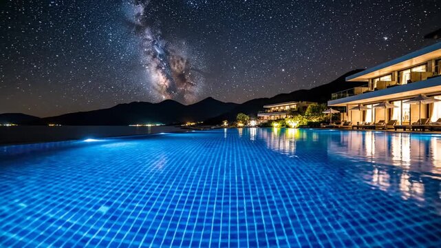 Luxury infinity pool at a coastal resort under a brilliant Milky Way starry sky with mountains at night