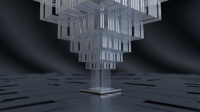Futuristic inverted pyramid of stacked translucent module above a reflective grid floor symbolizing rapid recursive intelligence growth and emergent technology.