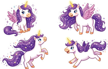 Fototapeta premium Cute Magic Unicorn with Wings Character Set with Purple Sparkly Mane, Glittering Stars, and Pegasus Poses for Kids Fantasy Birthday Invitation Sticker Designs