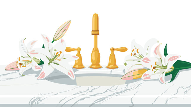 Elegant lilies resting on a marble bathroom vanity next to a classic gold faucet, evoking a luxurious spa atmosphere for interior design marketing.