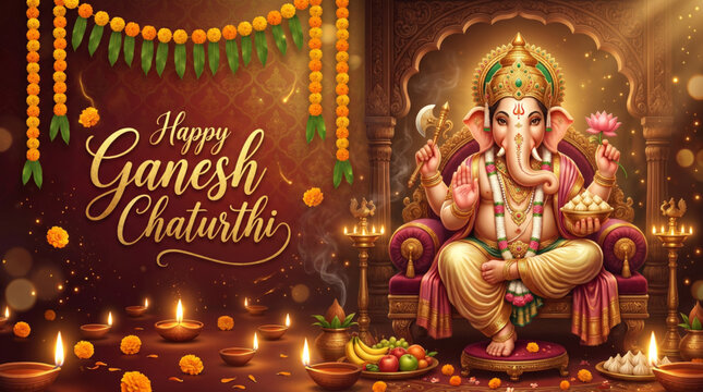Traditional Lord Ganesha Temple Greeting Banner with Diyas and Festive Decor for Ganesh Chaturthi