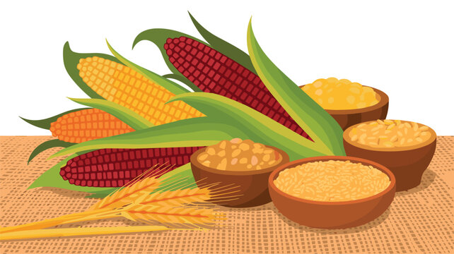 Assorted colorful corn cobs and bowls filled with various grains resting on a textured burlap surface for a rustic harvest-themed composition.