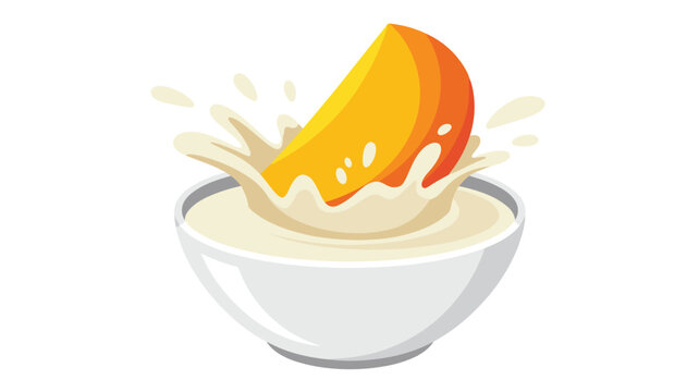 Juicy slice of fresh mango falling into a bowl of creamy milk, creating a refreshing splash for a vibrant and healthy breakfast.