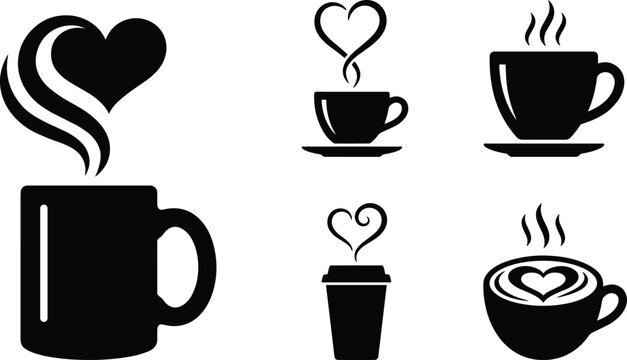 Coffee cup icon vector silhouette set hot beverage mug heart steam latte art cafe breakfast espresso tea drink element