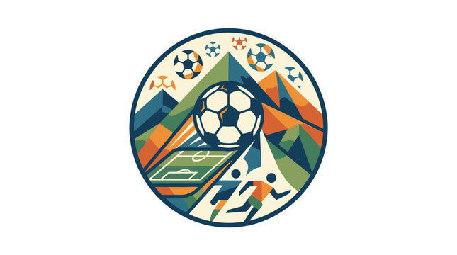 Detailed soccer tournament badge with players and mountain landscape.