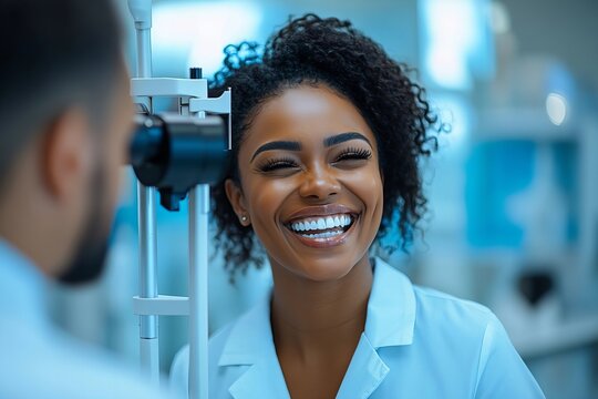 Cheerful Black Woman Receives Eye Exam Consultation from Stylish Optometrist in Modern Ophthalmology Clinic