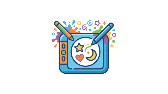 Digital graphic design tablet with stylus and creative symbols.