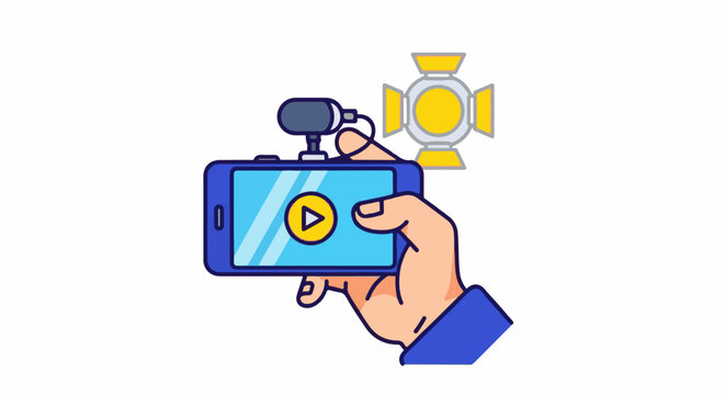 Hand holding phone with play button, small microphone, and spotlight