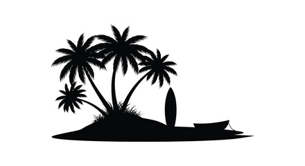 tropical island with palm trees and surfboard silhouette © IMkM00i76