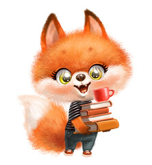 Fototapeta premium Cute cartoon fluffy red fox with a stack of books topped with a cup isolated on a white background