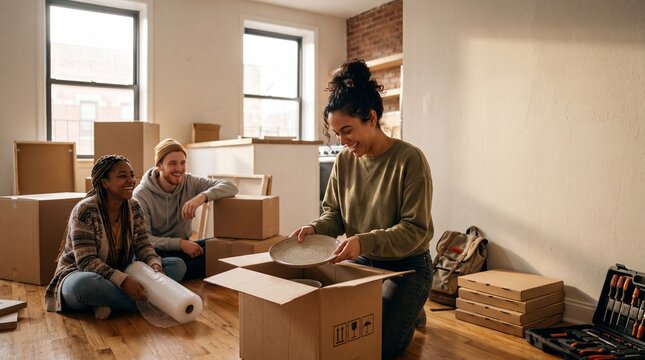 Diverse group of young friends smiling while unpacking boxes in a bright new apartment during moving day