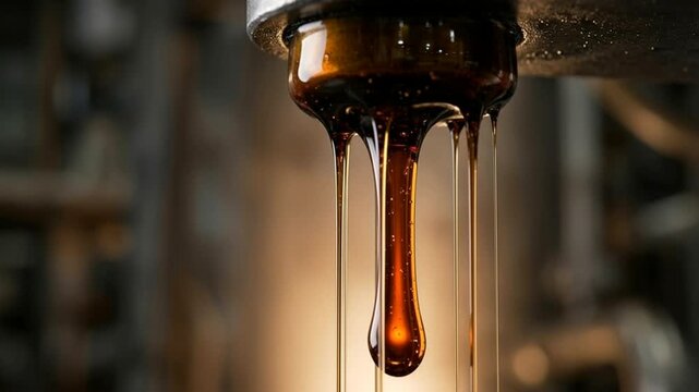 Macro close-up of thick, viscous coffee extract or syrup dripping slowly from an espresso machine
