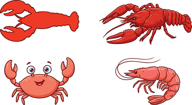 Red Seafood Vector Set with Lobster Silhouette, Realistic Crawfish, Cute Cartoon Crab, and Fresh Shrimp Illustrations for Restaurant Menus and Packaging Designs