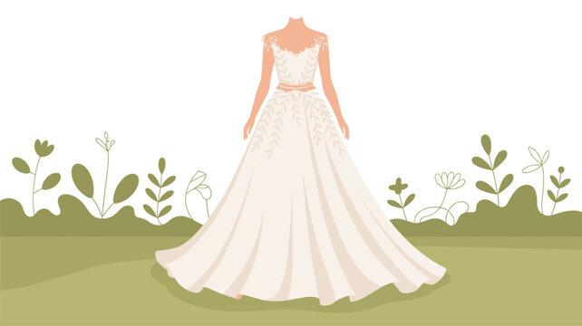 Elegant bridal gown featuring intricate leaf embroidery on the bodice displayed against a soft floral background for wedding fashion boutiques and bridal shop marketing materials.