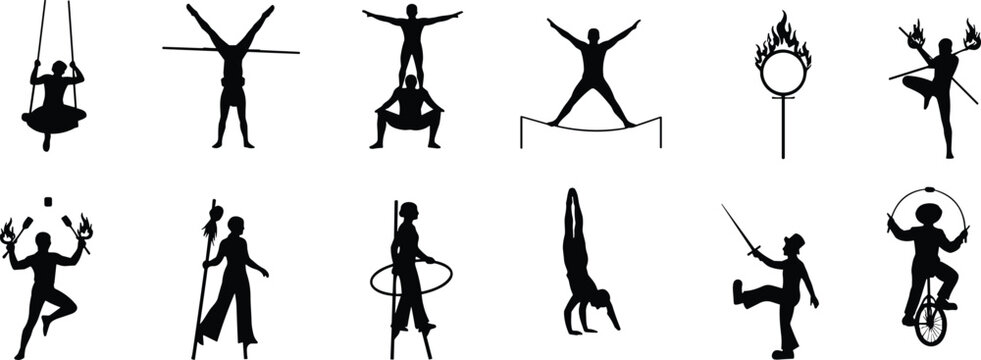 Circus Street Performer Silhouette Set Fire Acrobat Tightrope Unicycle Hula Hoop Collection