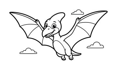 Pterodactyl cartoon illustration with clouds black and white line art © Abir Hossain