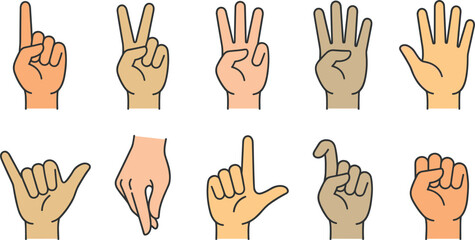 Fototapeta premium Counting and Counting Hand Gestures Vector Icon Set Featuring Diverse Skin Tones and Numbers One to Five with Common Signs for Educational and Interface Designs