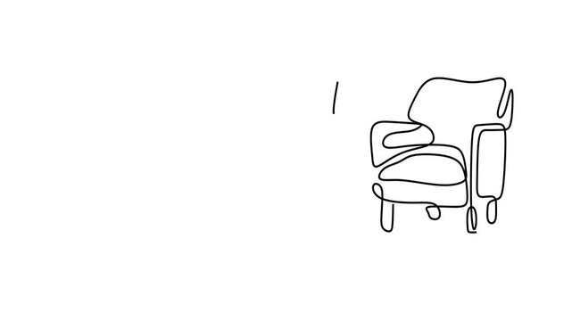 Animated self drawing of continuous line draw of   Line Art Furniture Set Chair, Armchair, and Ottoman.   Full length one line animation. 4K	