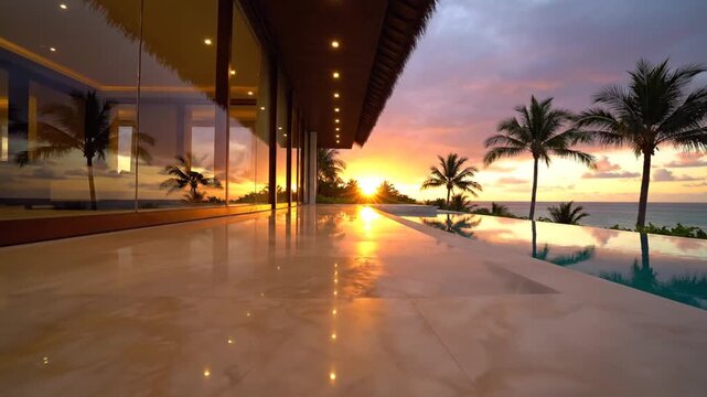 Luxury modern villa with infinity pool and palm trees at golden sunset over the ocean