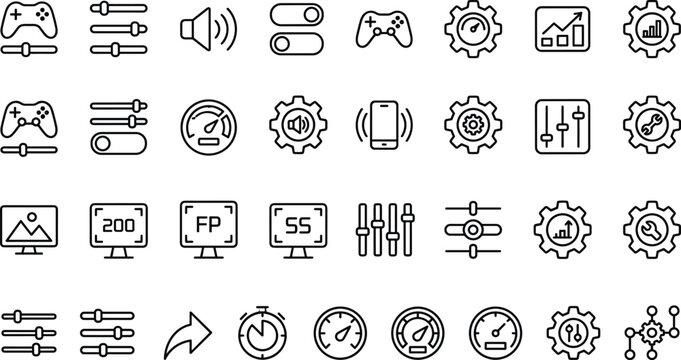 Video game settings and configuration outline icons set including gamepad audio options gear control sliders dashboard line vector illustration