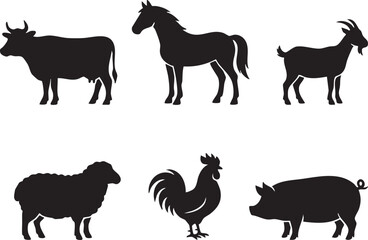 Fototapeta premium Farm Animal Silhouettes on White Background, Generative Ai
