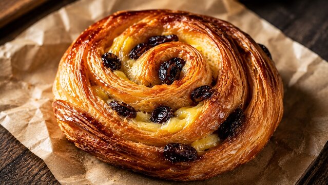 Artisan pain aux raisins spiral danish pastry with caramelized edges