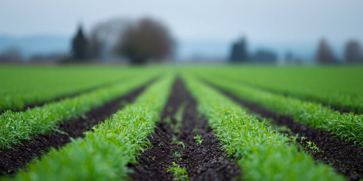 Green crop rows in agricultural field