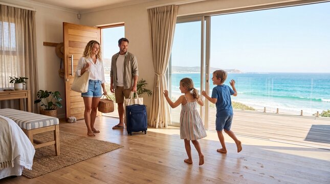 Happy family with luggage arriving at a coastal vacation home with ocean views
