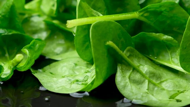 Fresh green spinach dropping in water slow motion macro.