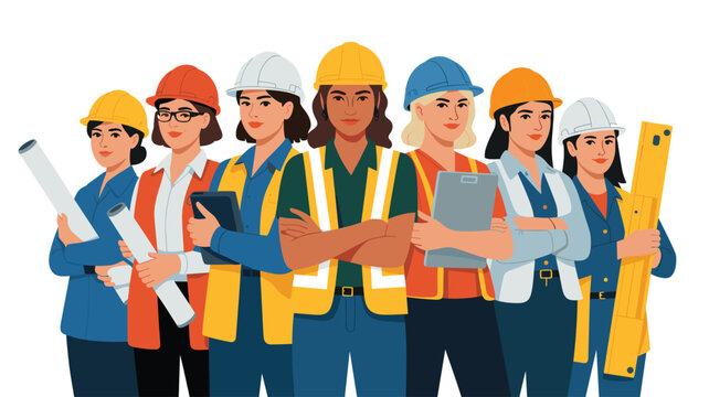 Diverse team of seven female engineers and builders wearing protective gear and hard hats, gathered together with blueprints for large scale infrastructure development projects.