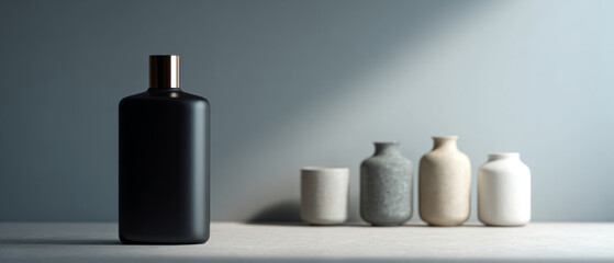 Fototapeta premium Minimalist black bottle with ceramic vases