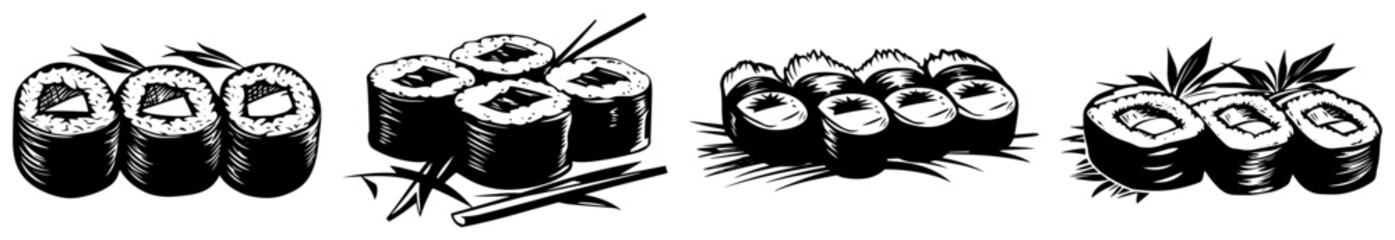 Sushi rolls set with maki and uramaki pieces including chopsticks in woodcut style © AnimalZOO