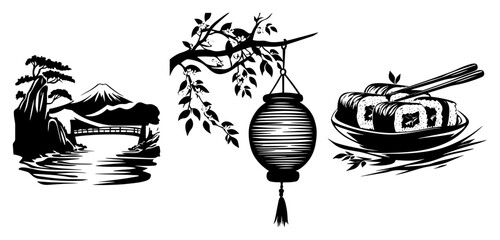 Japanese landscape and culture set with Mount Fuji hanging lantern and sushi in linocut style © AnimalZOO