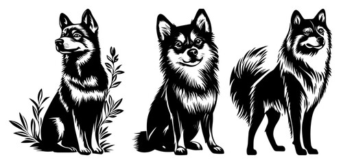 Husky and Akita dog portraits set in nature in woodcut style © AnimalZOO