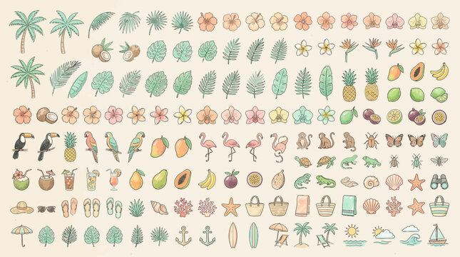 Tropical Summer Elements: Leaves, Fruits, Animals, Beach Icons - Hand Drawn Style