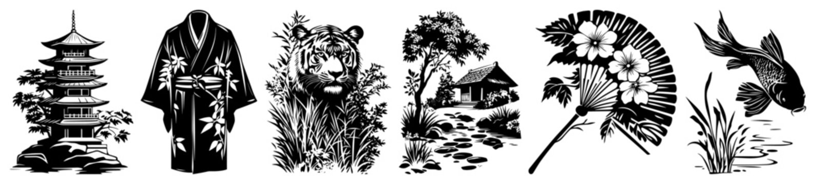 Japanese culture icons collection featuring pagoda kimono tiger and koi fish in woodcut style