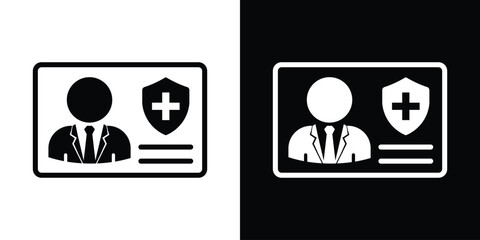 Fototapeta premium Medical insurance card icon. Identity badge featuring a business person silhouette and a health shield cross symbol. Black and white vector graphic.
