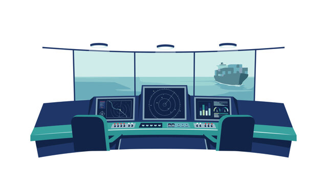 Ship bridge control console with radar screens and ocean view, maritime navigation, cargo ship monitoring, nautical technology.