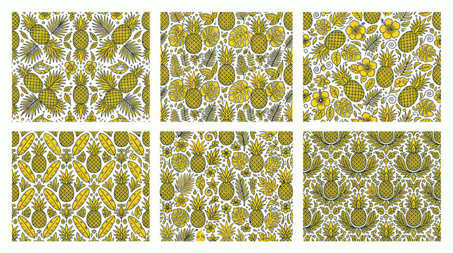 Tropical pineapple and exotic leaf seamless pattern set