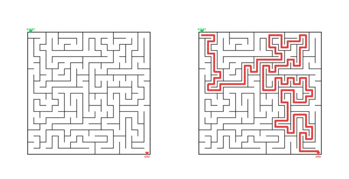 Maze puzzle layout with path marked in red and starting point  