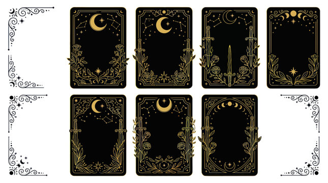 Celestial mystical tarot card frames with moon and sword motifs