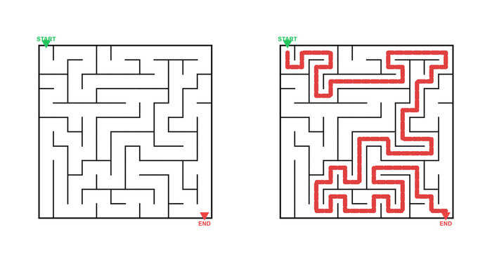 Maze with starting and ending points and solution path in red  