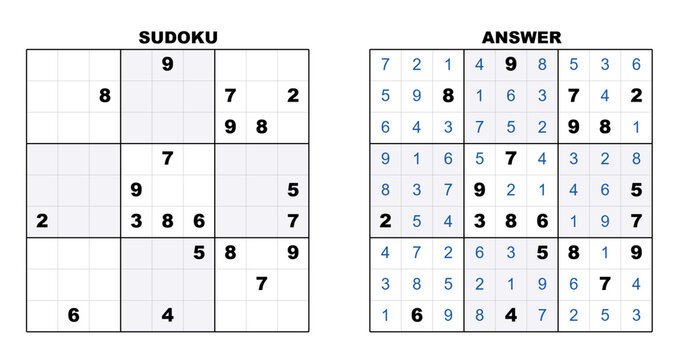 Sudoku puzzle grid and completed answer side by side  