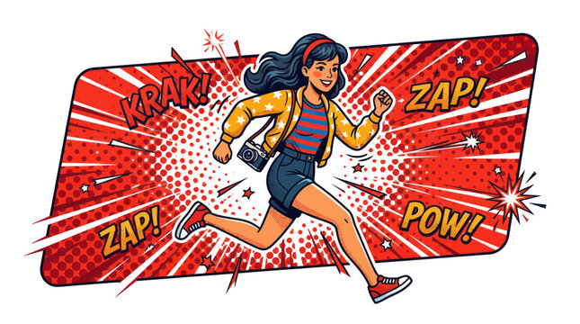 Energetic woman running with camera in pop art comic style