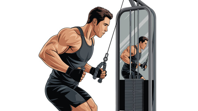 Muscular man performing tricep rope pushdown exercise on cable machine in gym setting with side profile view showing arm muscle definition and fitness training.