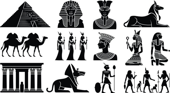 Ancient Egyptian silhouette vector illustration, pyramids pharaohs sphinx camels temples artwork, cultural heritage design, mythology religion architecture concept